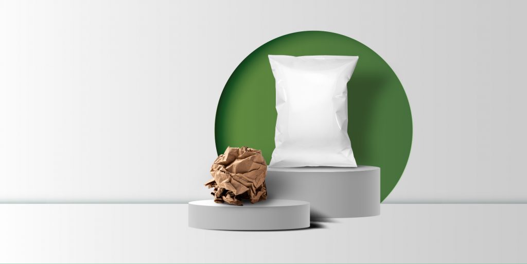 Paper and plastic bag sitting on podiums
