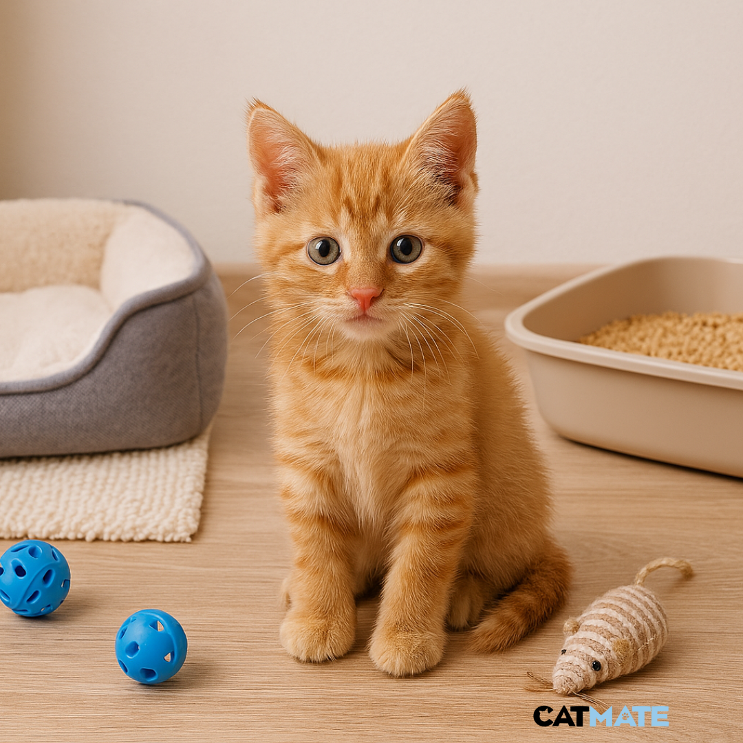 Kitten room setup with bed, toys, and Catmate wood pellet litter