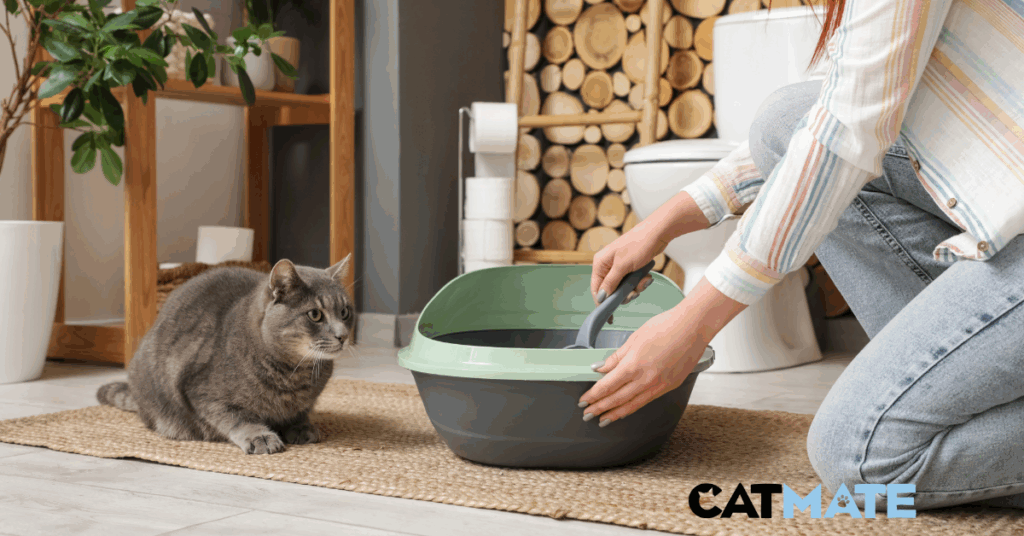 Cat sitting near a clean litter tray, representing common litter setup mistakes and solutions for cat owners.